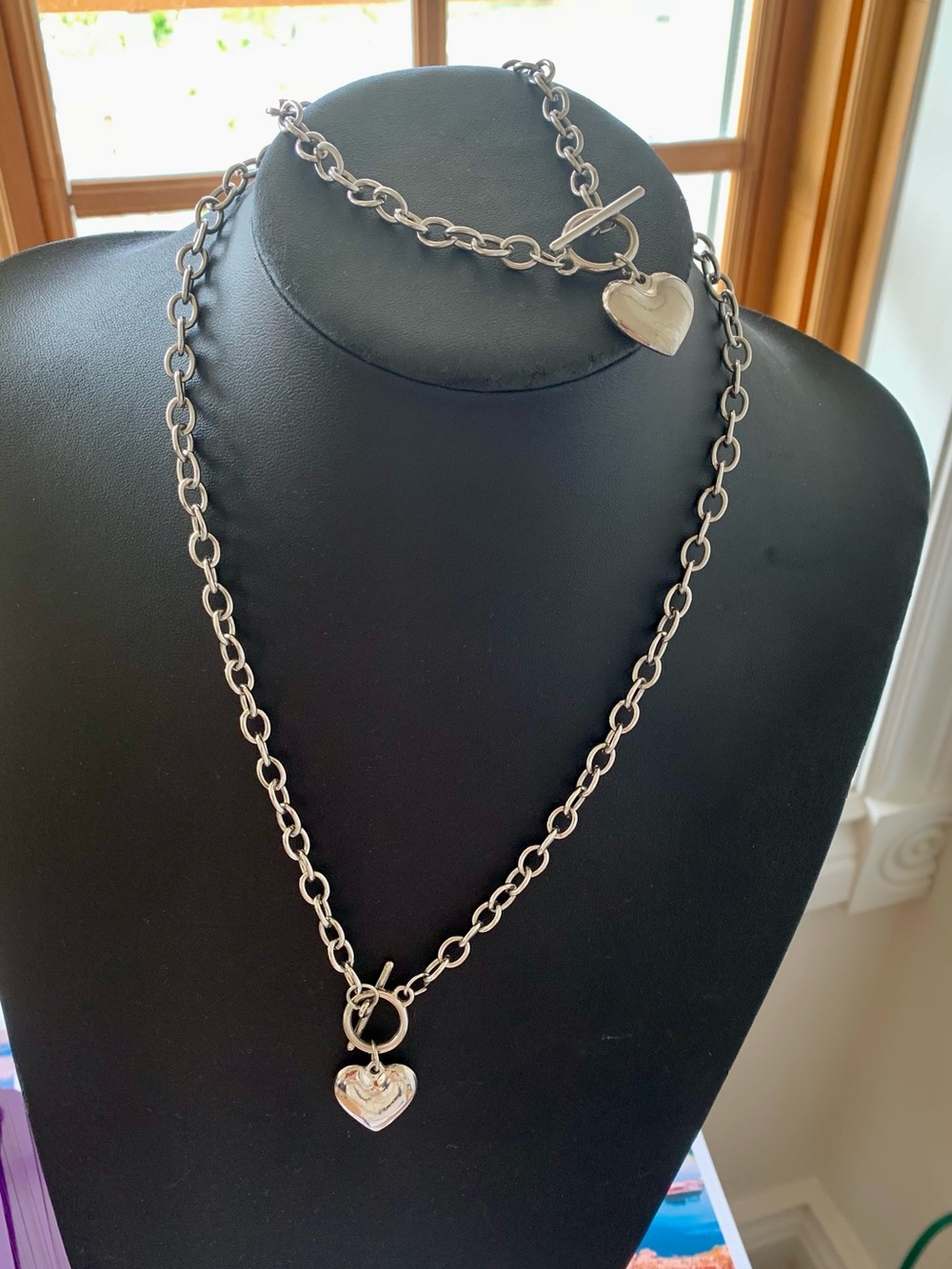 Sterling-Look Silver Heart Toggle Necklace and bracelet set